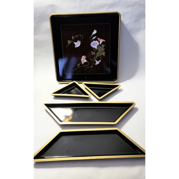 TOYO Black Lacquer 5 pc Snack Tray set - Picture 2 of 8